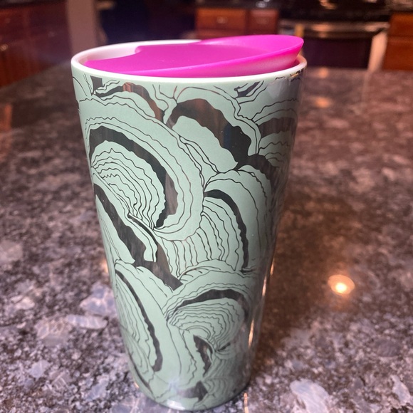 Starbucks 2022 Silver Green Swirl  12oz Tumbler Ceramic Purple Lid - Picture 2 of 5